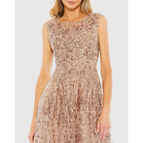 Mac Duggal 20398 Gold Sequin Fit & Flare Midi Dress 16 Cap Sleeves Cocktail NWT - Picture 2 of 16